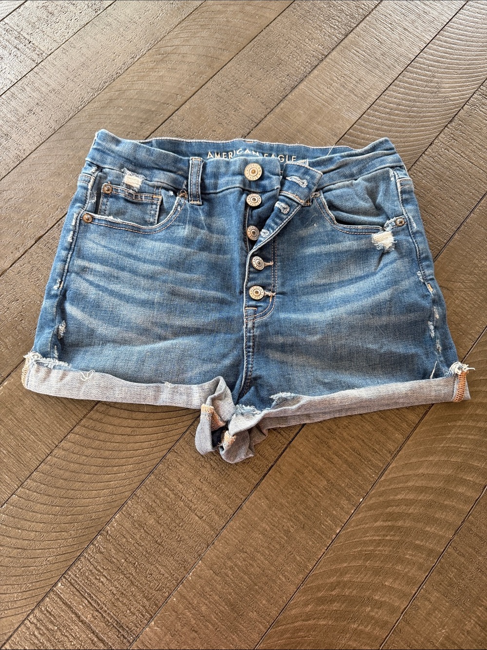 American Eagle Outfitters Medium Blue Distressed Roll-Cuff Jean Shorts